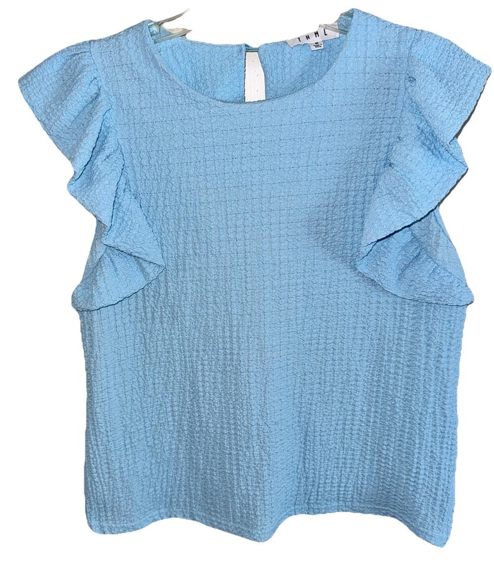 THML Robin's Egg Blue Ruffle Sleeve Textured Crinkled Stretchy Top Medium